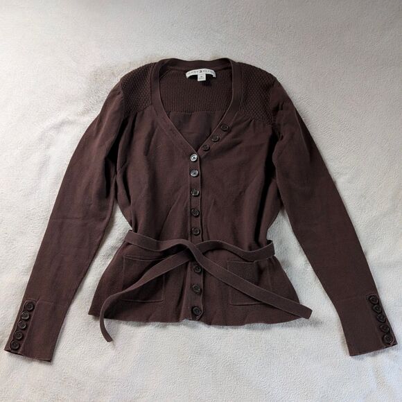 Vintage Tommy Hilfiger Tied Cardigan Sweater Women's Medium Brown Henley - Picture 2 of 8